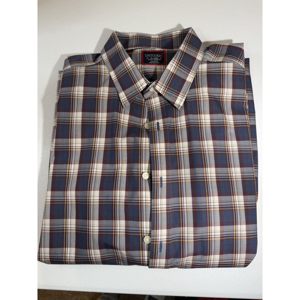 UNTUCKit Men's Size X-Large Slim Fit Button Front Shirt Blue Plaid Wrinkle Free
